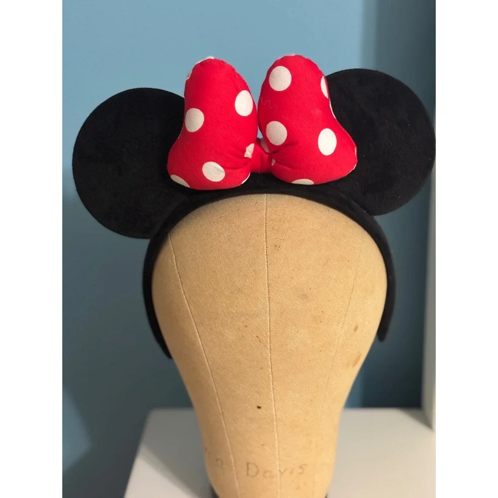 Disney Minnie Mouse Headband Ears Black Red Polka Dot Padded Bow excellent